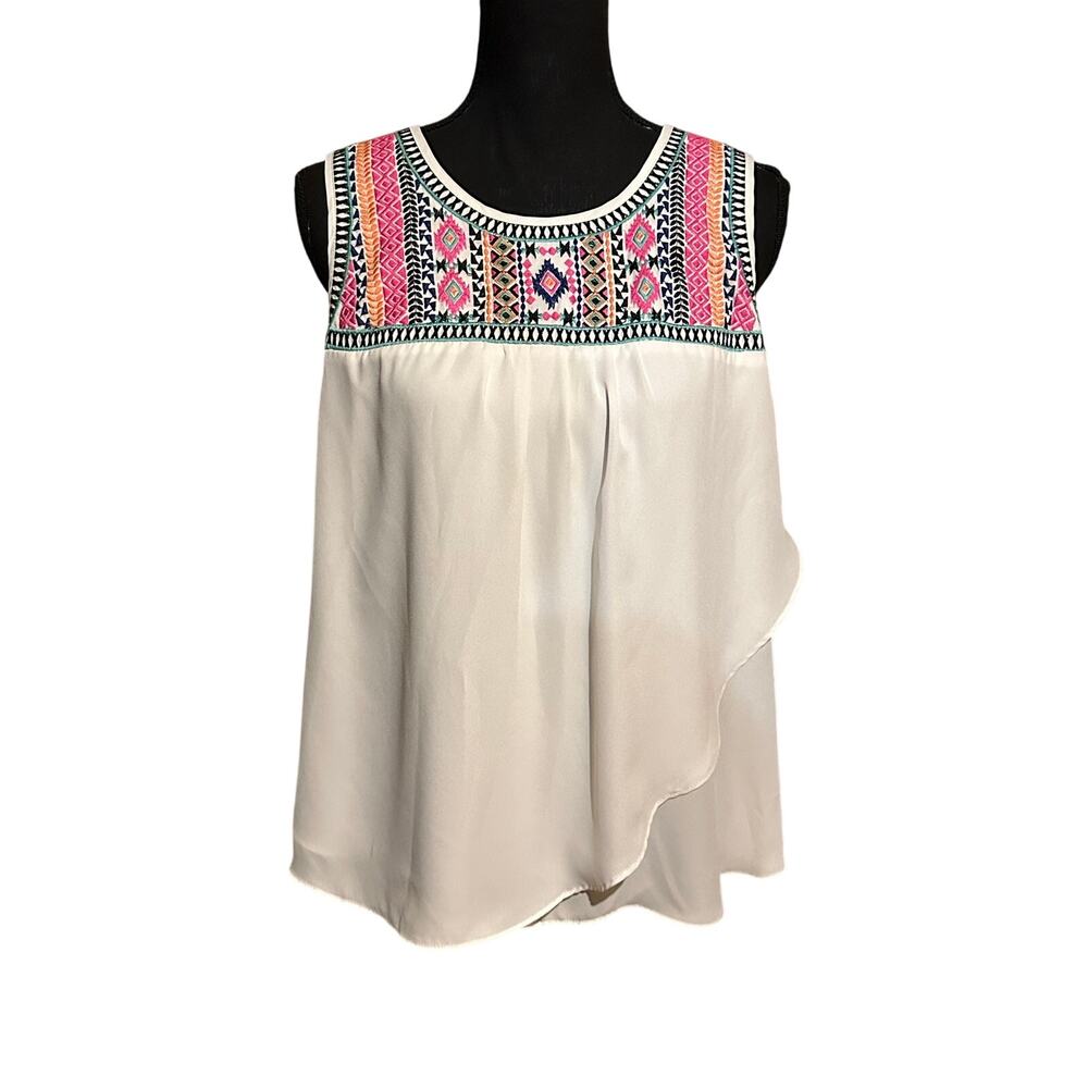 Sequin Hearts Women's XL Colorful on White Embroidered Boho Blouse Aztec Top